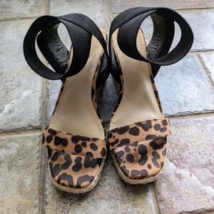 CATO Wedge Ankle Wrap Sandals with Leopard Accents- SZ 9
